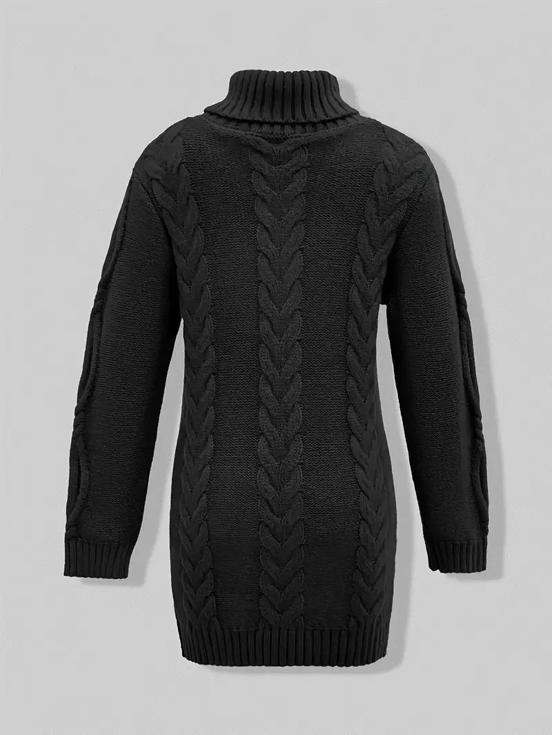 Narda - Klobig Kabel Gestrickt Rollkragen Kleid