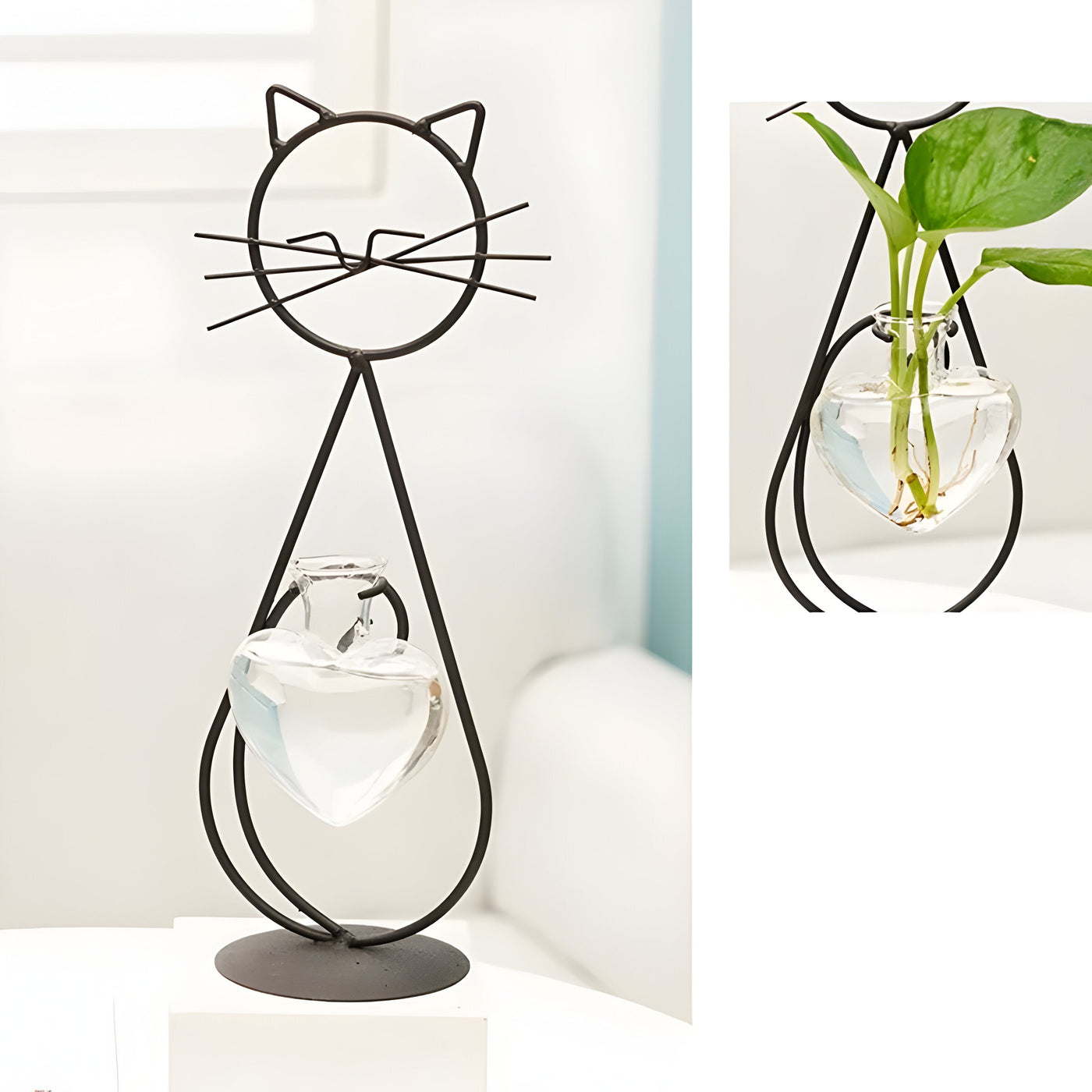 FelineBloom – Herzförmiger Glas-Pflanzkasten mit katzeninspiriertem Halter