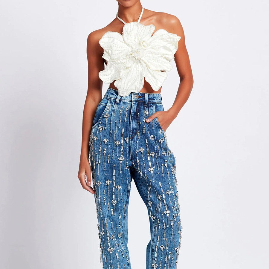 Savana - Neckholder-Top mit Blumen und Perlen