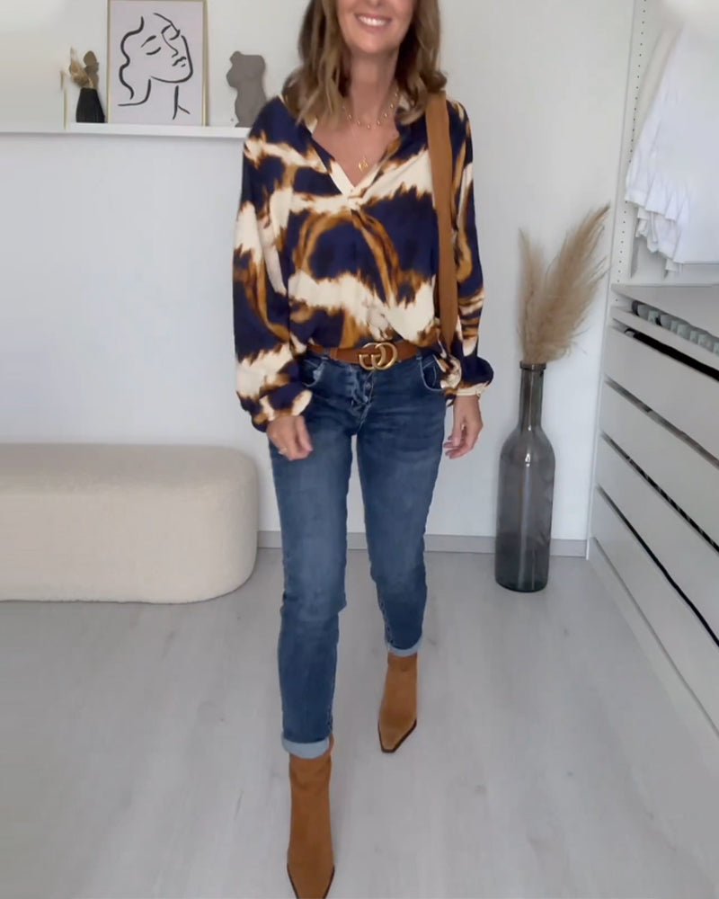 Eva - Bedrucktes Casual V-Neck Top