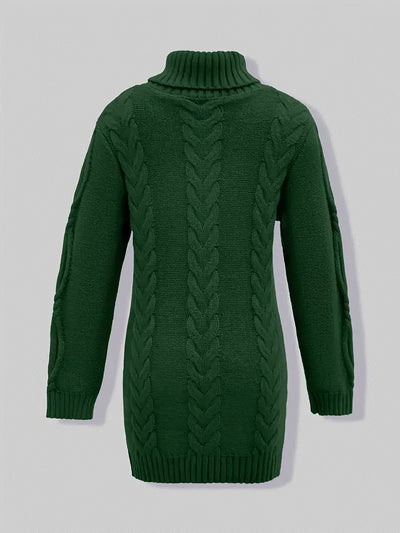 Narda - Klobig Kabel Gestrickt Rollkragen Kleid