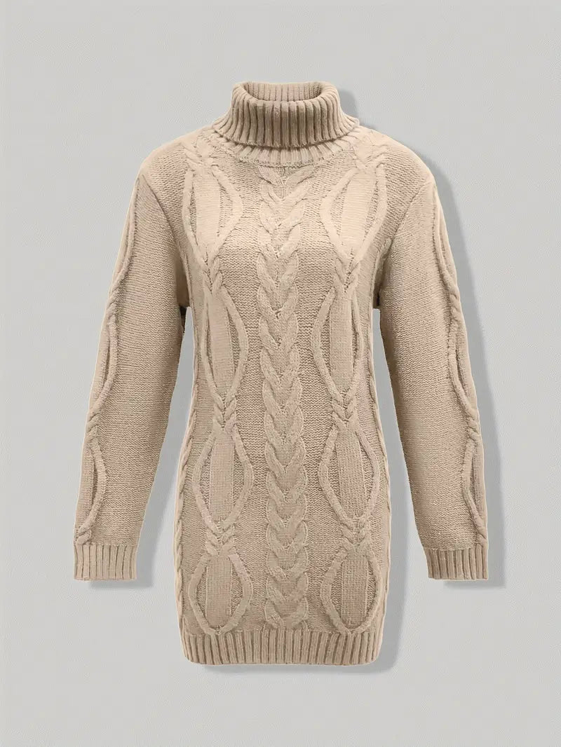 Narda - Klobig Kabel Gestrickt Rollkragen Kleid