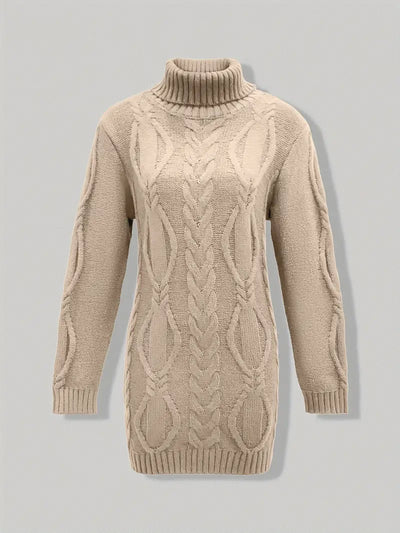 Narda - Klobig Kabel Gestrickt Rollkragen Kleid