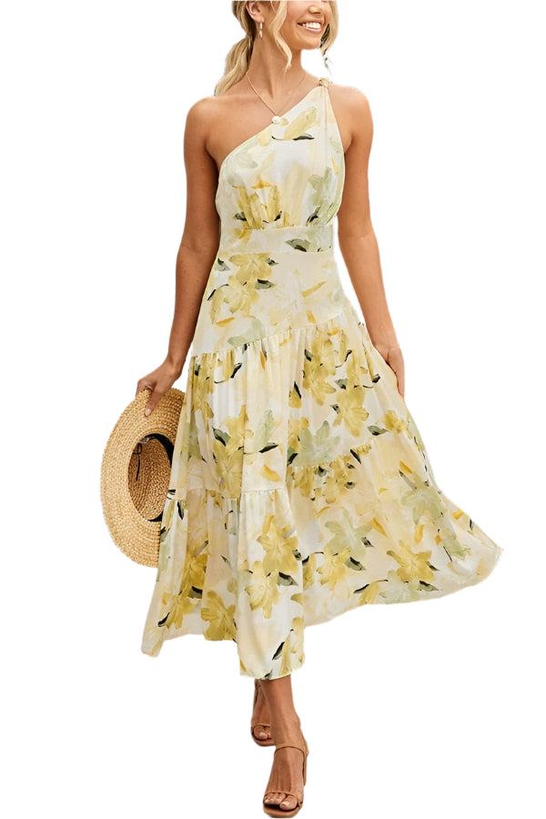 Maelle – Leichtes Midikleid mit Blumenmuster und einer Schulter für sonnige Tage