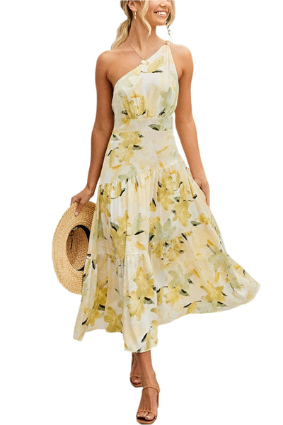 Maelle – Leichtes Midikleid mit Blumenmuster und einer Schulter für sonnige Tage