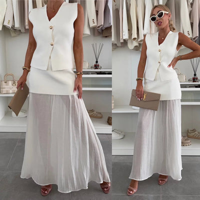 Lorine Set mit plissiertem Rock und Knopfleiste