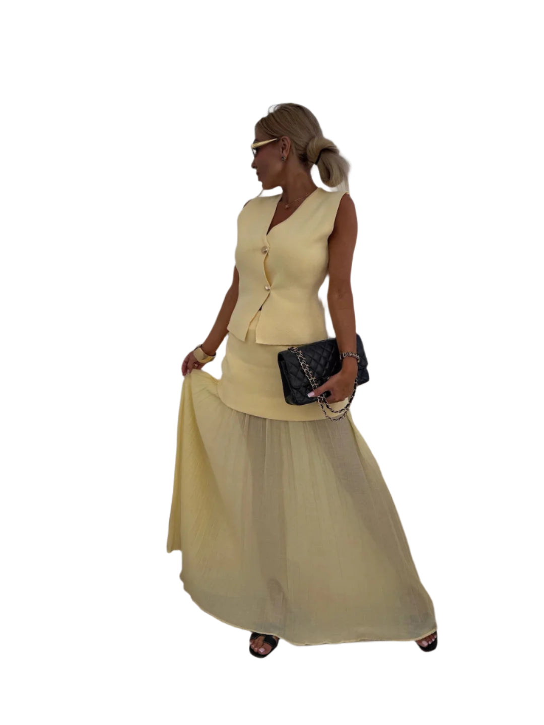 Lorine Set mit plissiertem Rock und Knopfleiste