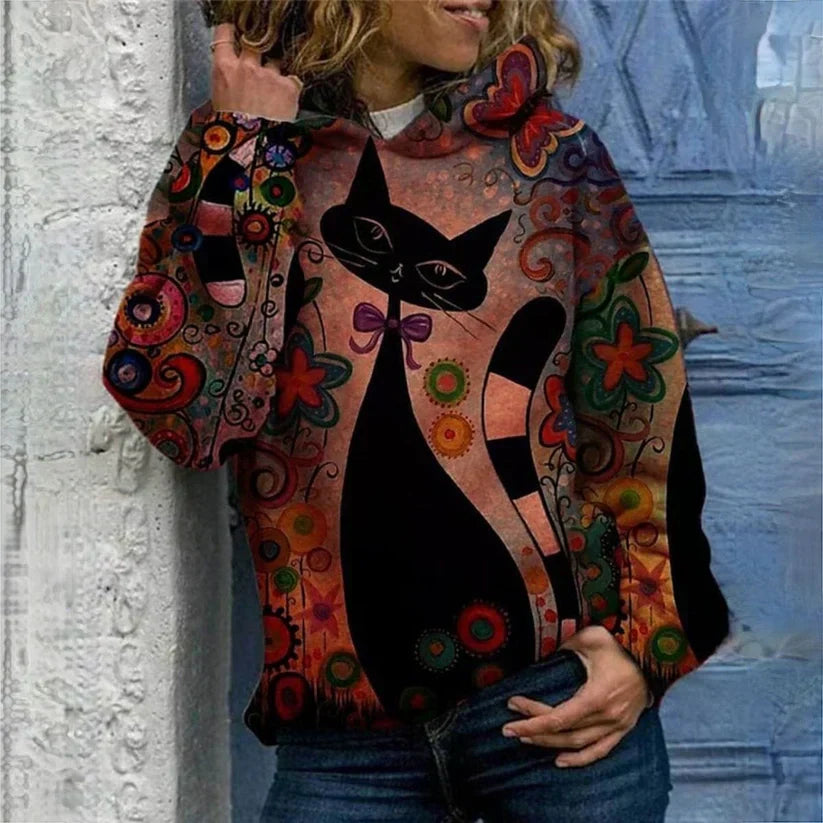 Astrid | Eleganter Katzenprint Damen-Kapuzenpullover