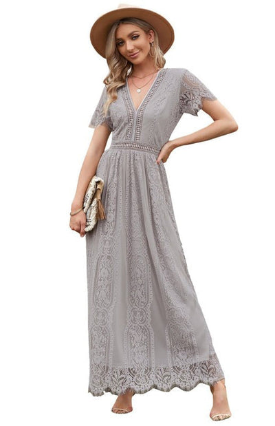 Élise Elegante Lange Kleid mit Offenen Details – Schicke Kurzarm Maxikleid