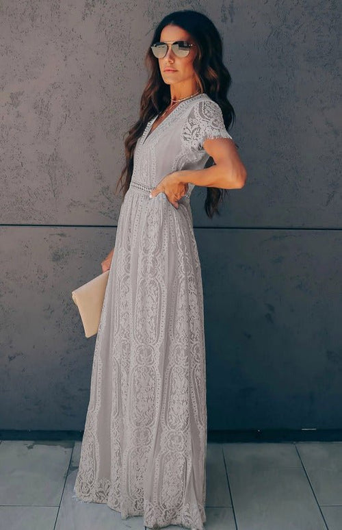 Élise Elegante Lange Kleid mit Offenen Details – Schicke Kurzarm Maxikleid