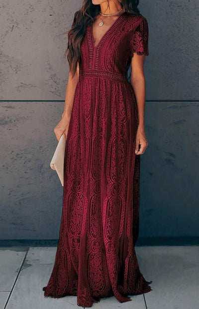 Élise Elegante Lange Kleid mit Offenen Details – Schicke Kurzarm Maxikleid