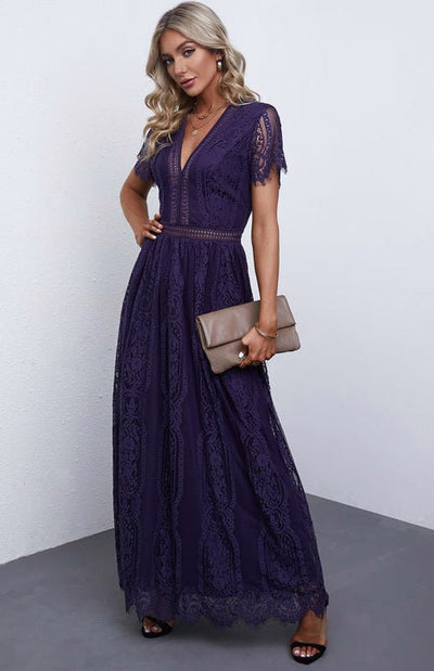 Élise Elegante Lange Kleid mit Offenen Details – Schicke Kurzarm Maxikleid