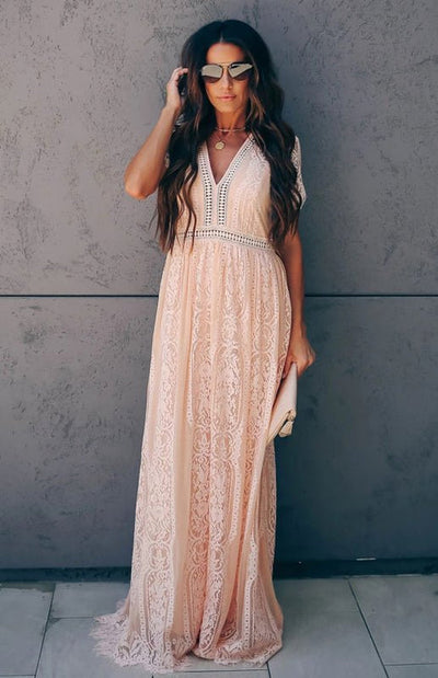 Élise Elegante Lange Kleid mit Offenen Details – Schicke Kurzarm Maxikleid