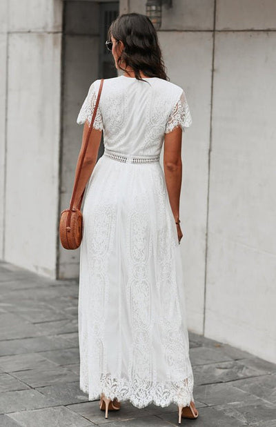 Élise Elegante Lange Kleid mit Offenen Details – Schicke Kurzarm Maxikleid