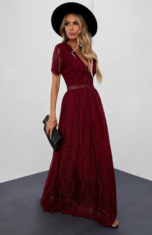 Élise Elegante Lange Kleid mit Offenen Details – Schicke Kurzarm Maxikleid