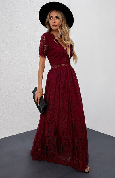 Élise Elegante Lange Kleid mit Offenen Details – Schicke Kurzarm Maxikleid