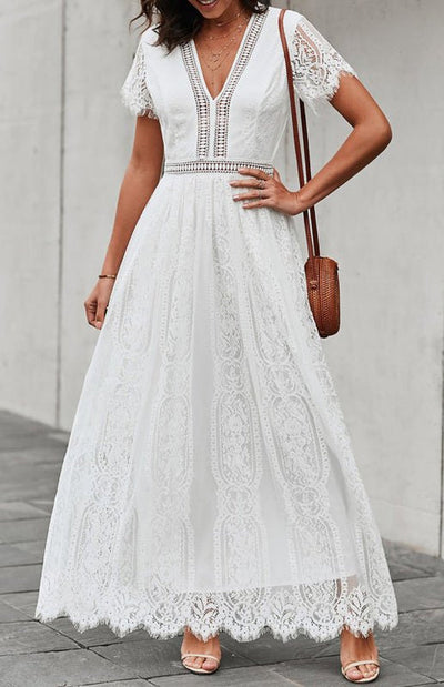 Élise Elegante Lange Kleid mit Offenen Details – Schicke Kurzarm Maxikleid