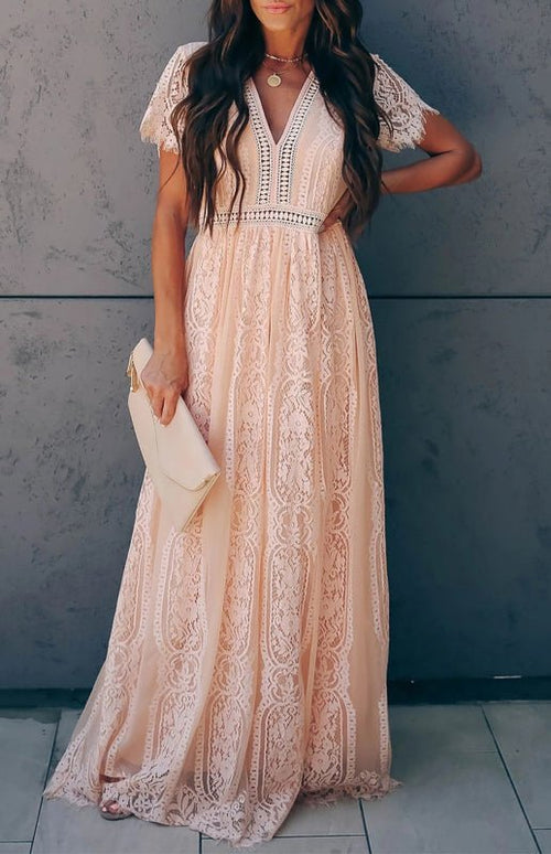Élise Elegante Lange Kleid mit Offenen Details – Schicke Kurzarm Maxikleid