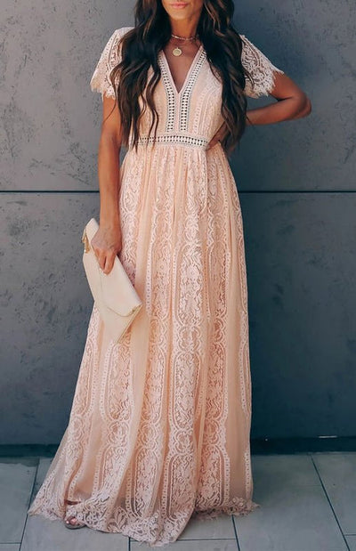 Élise Elegante Lange Kleid mit Offenen Details – Schicke Kurzarm Maxikleid