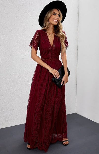 Élise Elegante Lange Kleid mit Offenen Details – Schicke Kurzarm Maxikleid