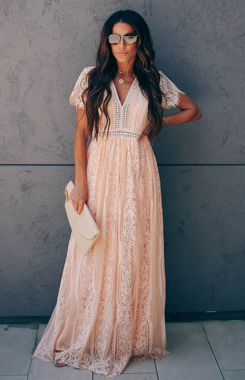 Élise Elegante Lange Kleid mit Offenen Details – Schicke Kurzarm Maxikleid