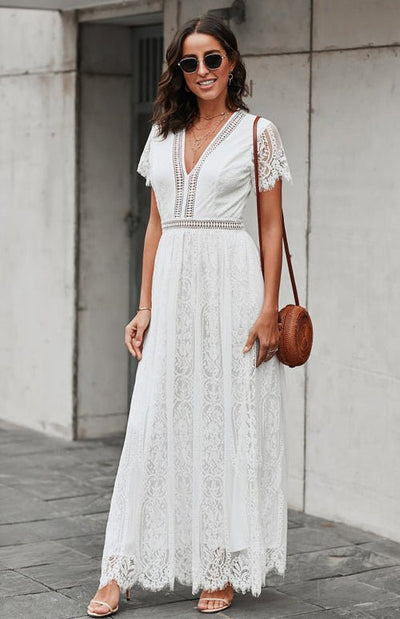 Élise Elegante Lange Kleid mit Offenen Details – Schicke Kurzarm Maxikleid