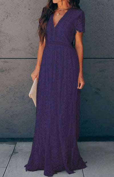 Élise Elegante Lange Kleid mit Offenen Details – Schicke Kurzarm Maxikleid