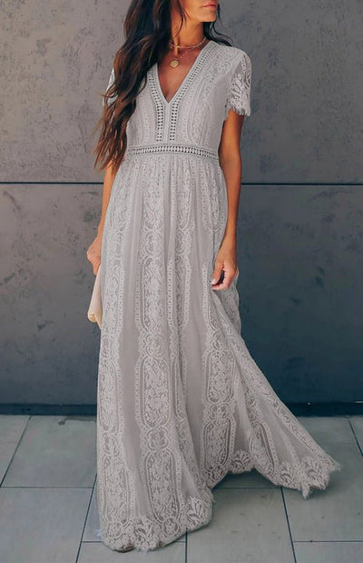 Élise Elegante Lange Kleid mit Offenen Details – Schicke Kurzarm Maxikleid