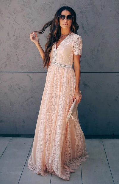 Élise Elegante Lange Kleid mit Offenen Details – Schicke Kurzarm Maxikleid