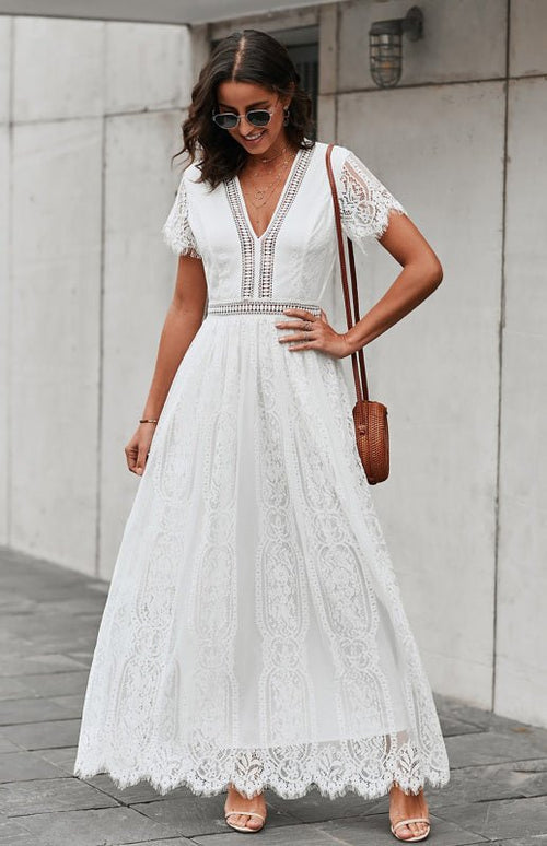 Élise Elegante Lange Kleid mit Offenen Details – Schicke Kurzarm Maxikleid