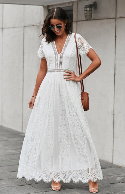 Élise Elegante Lange Kleid mit Offenen Details – Schicke Kurzarm Maxikleid